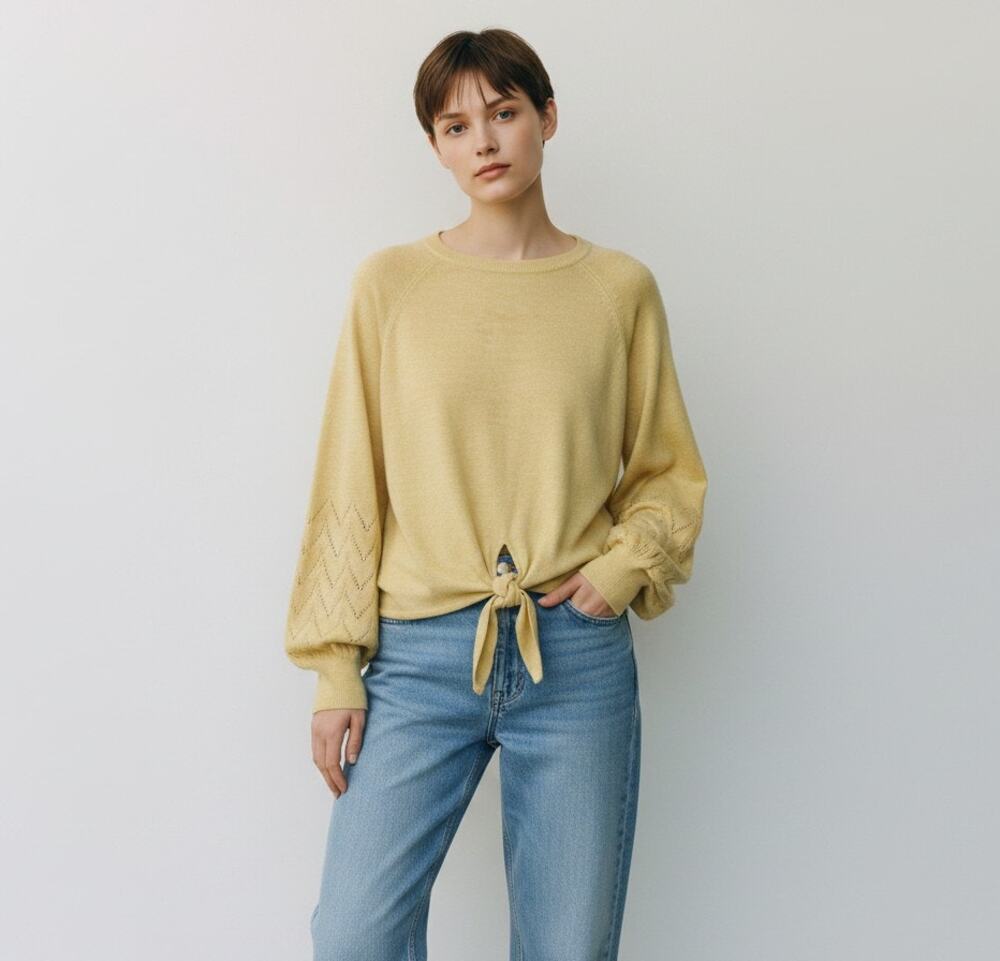 Lauren Conrad Butter Yellow Sweater Sz L Crew Neck Knot Diamond Lace Sleeve EUC
